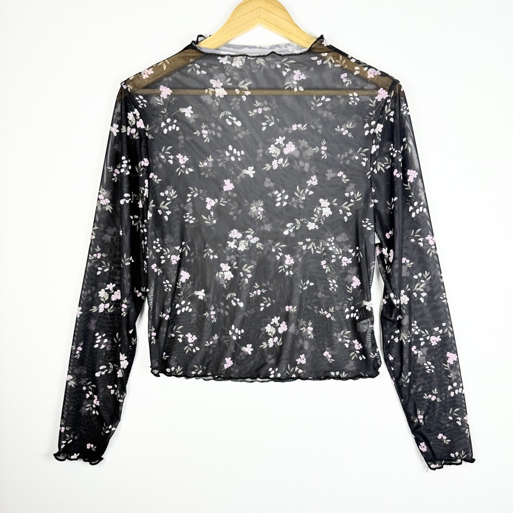 Black Floral Sheer‎ Mesh Long Sleeve Top Layering Whimygoth Fairy Grunge Y2K XL
